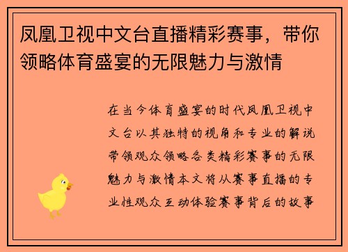 凤凰卫视中文台直播精彩赛事，带你领略体育盛宴的无限魅力与激情